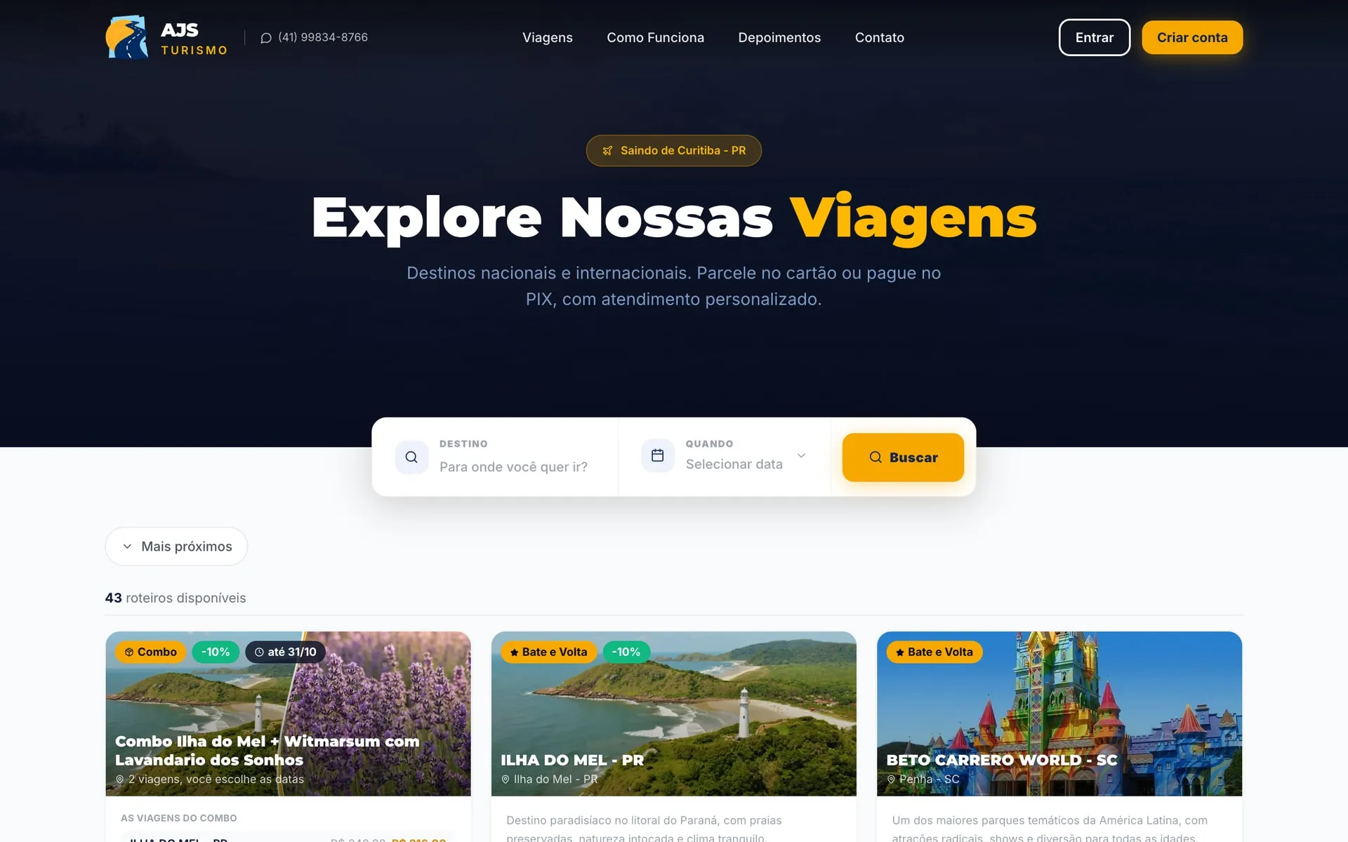Site AJS Turismo aberto no computador